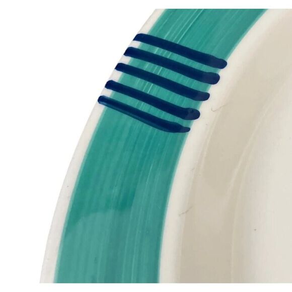 Pier 1 Dinner Plate Full Set X6 Green Band Blue Stripes Serveware Decor Dining - Picture 3 of 12